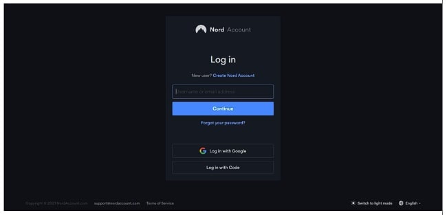 Screenshot of NordVPN login page