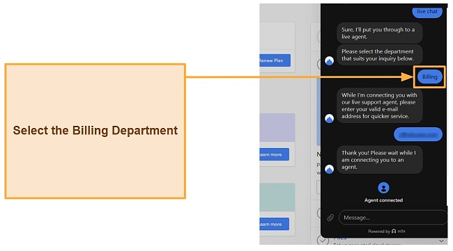 Screenshot of selecting billing department and providing email address to NordVPN chatbot.