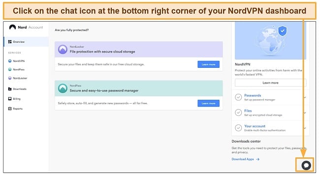 Screenshot of NordVPN chat icon to start a live chat with customer support.