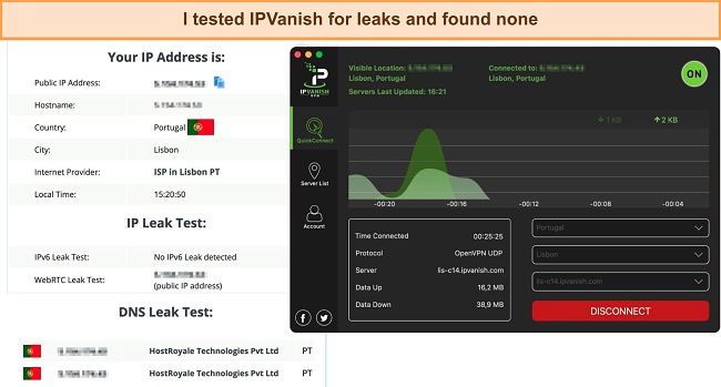 Screenshot of IPVanish leak test