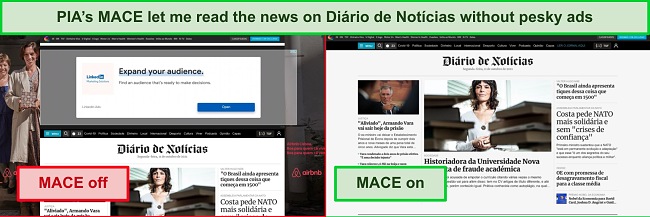 Screenshot of PIA MACE removing ads on news site