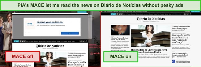 Screenshot of PIA MACE removing ads on news site