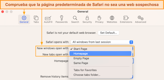 Captura de pantalla de cómo configurar la página de inicio de Safari