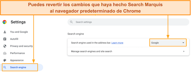 Captura de pantalla de cómo configurar el motor de búsqueda predeterminado en Google en su navegador Chrome en Mac