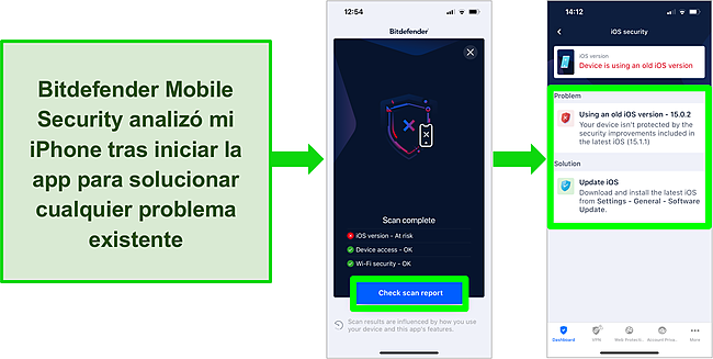 Captura de pantalla de Bitdefender Mobile Security para iOS y los resultados del análisis en la aplicación que muestran una versión de iOS desactualizada.