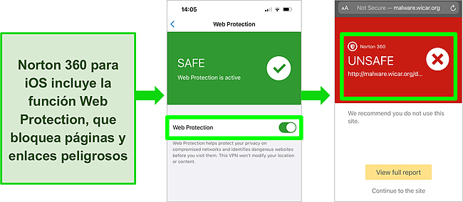 Captura de pantalla de Norton 360 para iOS y su función de protección web habilitada en la aplicación y que bloquea un sitio web peligroso.