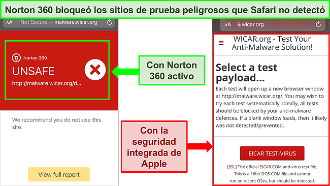 Capturas de pantalla de WICAR.org en el navegador Safari, una bloqueada por Norton 360 y la otra completamente cargada con la seguridad incorporada de Apple.