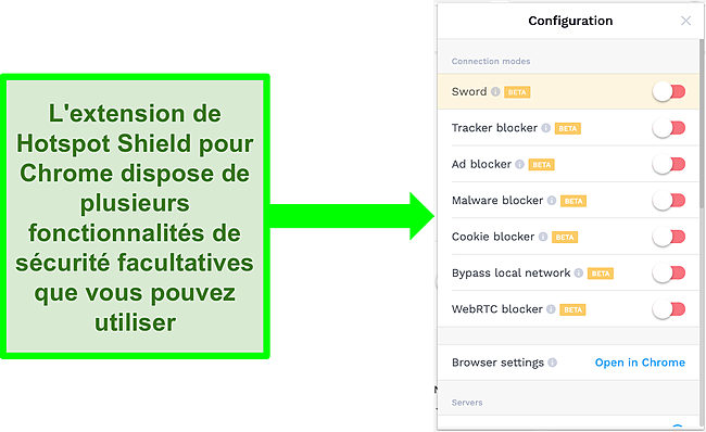 Capture d'écran des paramètres de configuration de l'extension Chrome de Hotspot Shield.
