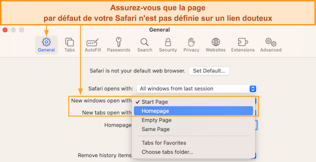 Capture d'écran montrant comment configurer la page d'accueil de Safari