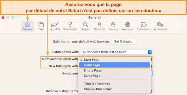 Capture d'&eacute;cran montrant comment configurer la page d'accueil de Safari