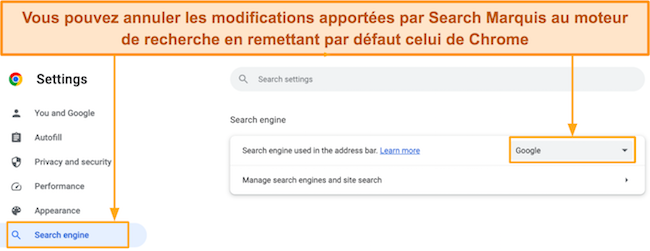 Capture d'&eacute;cran montrant comment d&eacute;finir le moteur de recherche par d&eacute;faut sur Google sur votre navigateur Chrome sur Mac