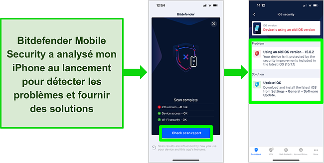 Capture d'écran de Bitdefender Mobile Security pour iOS et des résultats de l'analyse sur l'application montrant une version iOS obsolète.