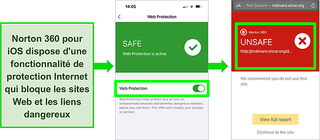 Capture d'écran de Norton 360 pour iOS et de sa fonction de protection Web activée sur l'application et bloquant un site Web dangereux.
