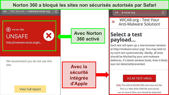 Captures d'écran de WICAR.org sur le navigateur Safari, l'une bloquée par Norton 360 et l'autre entièrement chargée à l'aide de la sécurité intégrée d'Apple.