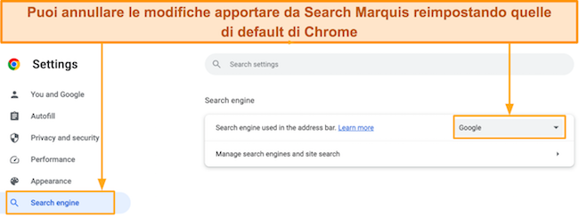 Screenshot di come impostare il motore di ricerca predefinito su Google sul browser Chrome su Mac