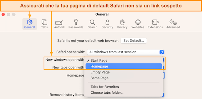 Screenshot di come impostare la home page di Safari