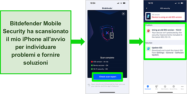 Schermata di Bitdefender Mobile Security for iOS e dei risultati della scansione sull'app che mostrano una versione iOS obsoleta.