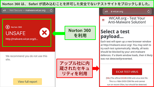 SafariブラウザでのWICAR.orgのスクリーンショット。1つはNorton360によってブロックされ、もう1つはAppleの組み込みセキュリティを使用して完全にロードされています。