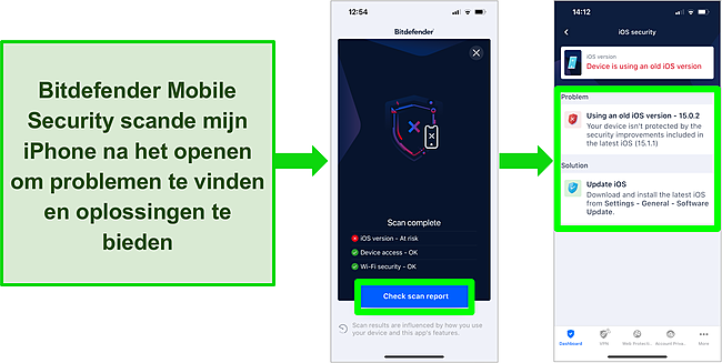 Screenshot van Bitdefender Mobile Security voor iOS en de scanresultaten op de app met een verouderde iOS-versie.
