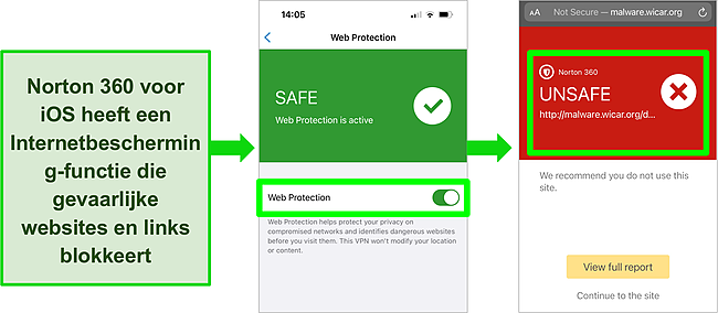 Screenshot van Norton 360 voor iOS en de functie Web Protection ingeschakeld in de app en het blokkeren van een gevaarlijke website.