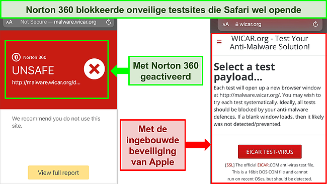 Schermafbeeldingen van WICAR.org in de Safari-browser, één geblokkeerd door Norton 360 en de andere volledig geladen met de ingebouwde beveiliging van Apple.