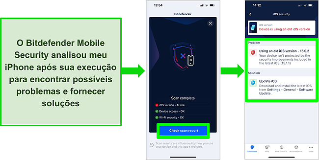 Captura de tela do Bitdefender Mobile Security para iOS e os resultados da análise no aplicativo mostrando uma versão desatualizada do iOS.