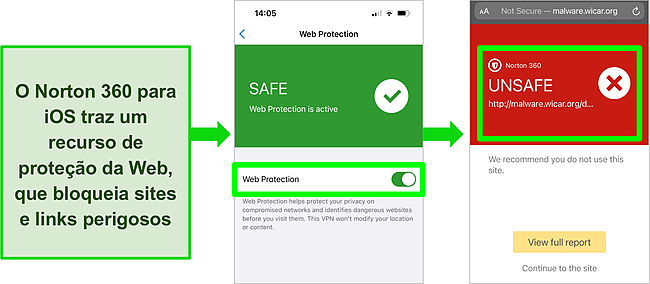 Captura de tela do Norton 360 para iOS e seu recurso Web Protection habilitado no aplicativo e bloqueando um site perigoso.