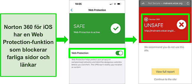 Skärmdump av Norton 360 för iOS och dess webbskyddsfunktion aktiverad i appen och blockerar en farlig webbplats.