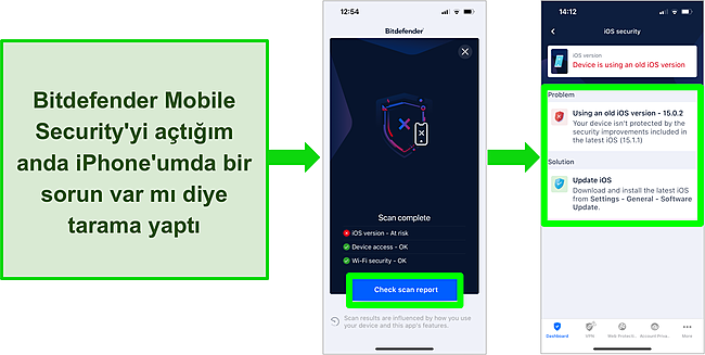 iOS için Bitdefender Mobile Security'nin ekran görüntüsü ve uygulamadaki tarama sonuçları eski bir iOS sürümünü gösteriyor.