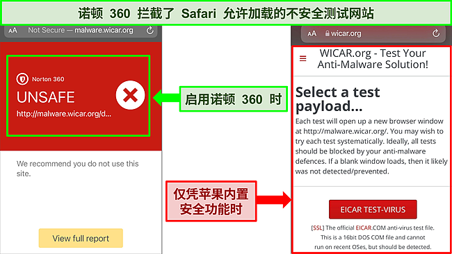 Safari 浏览器上 WICAR.org 的屏幕截图，一个被 Norton 360 阻止，另一个使用 Apple 的内置安全性完全加载。
