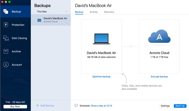 Acronis backup interface