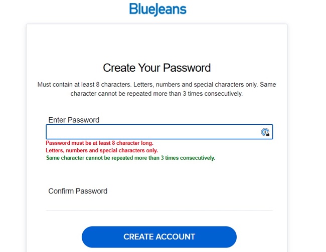 BlueJeans create your password