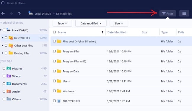 Capture d'écran du filtre de sélection de répertoires d'EaseUS Data Recovery Wizard