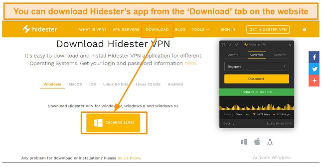 Screenshot of Hidester's app download process