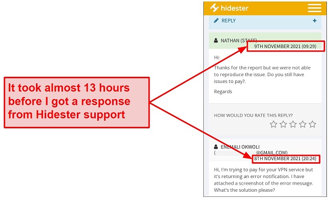 Screenshot of Hidester's slow ticket response time