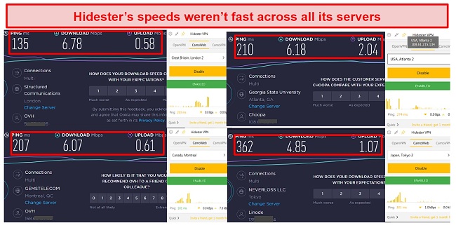 Screenshot of Hidester's speed tests in 4 locations