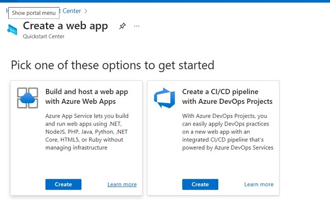 Azure create a web app screenshot