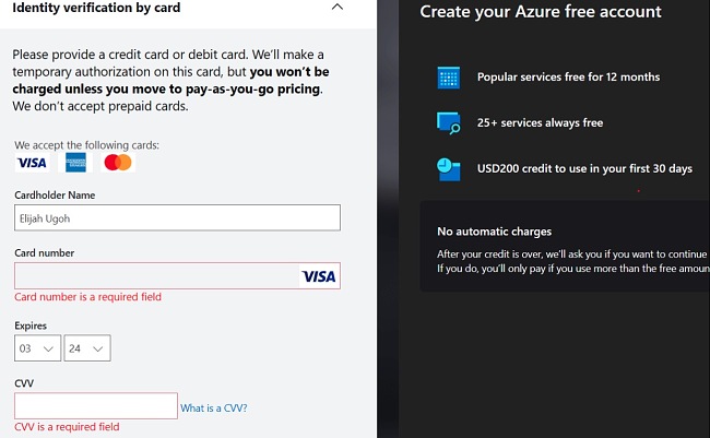 Azure payment form screenshot