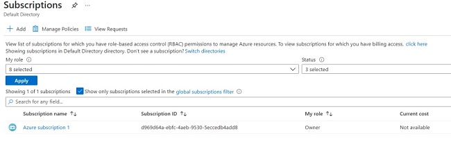 Azure subscriptions screenshot