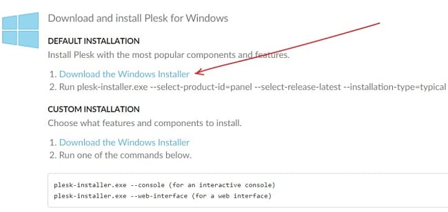 Plesk download installation options screenshot