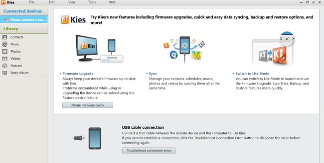 Samsung Kies connected devices screenshot