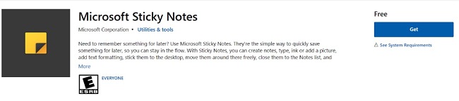 Microsoft Sticky Notes download page screenshot
