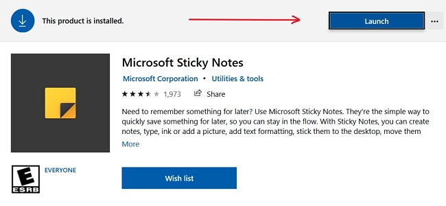 Microsoft Sticky Notes launch button screenshot