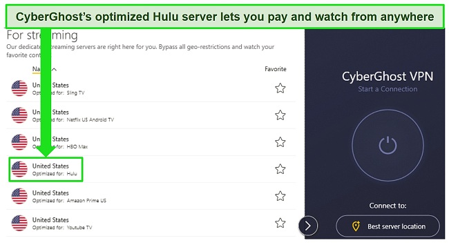 Screenshot of CyberGhost's streaming server menu showing a Hulu optimized server
