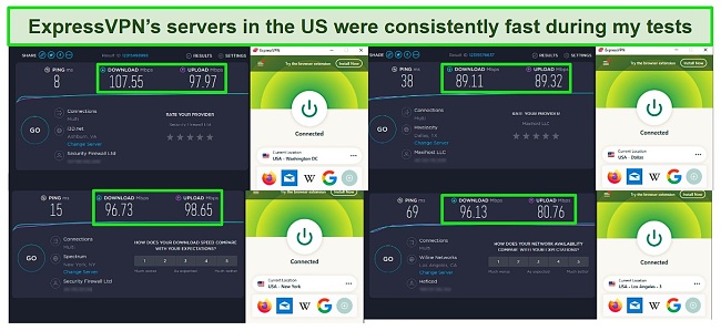 Captura de tela de 4 testes de velocidade ExpressVPN enquanto conectados a diferentes servidores nos EUA