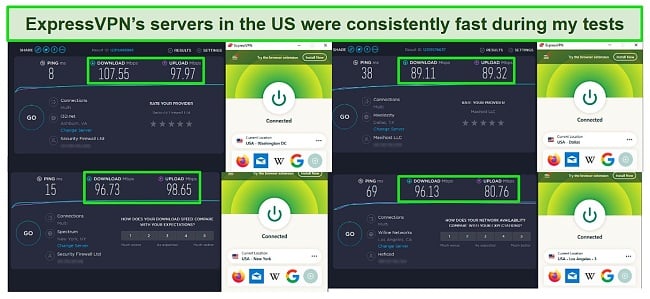 ABD'deki farklı sunuculara bağlanırken 4 ExpressVPN hız testinin ekran görüntüsü