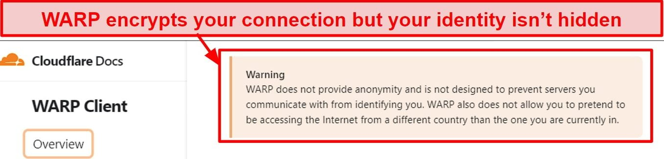 Screenshot showing WARP doesn't hide your identity