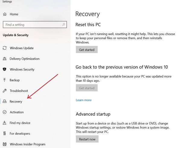 Windows 10 recovery option