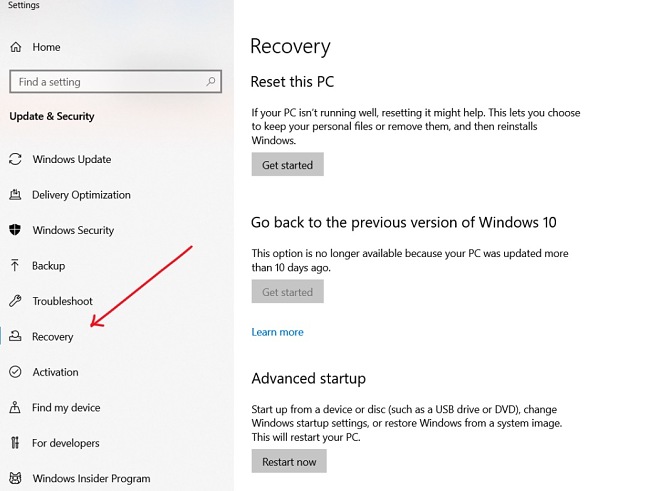 Windows 10 recovery option