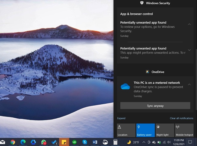 Windows 10 notifications bar